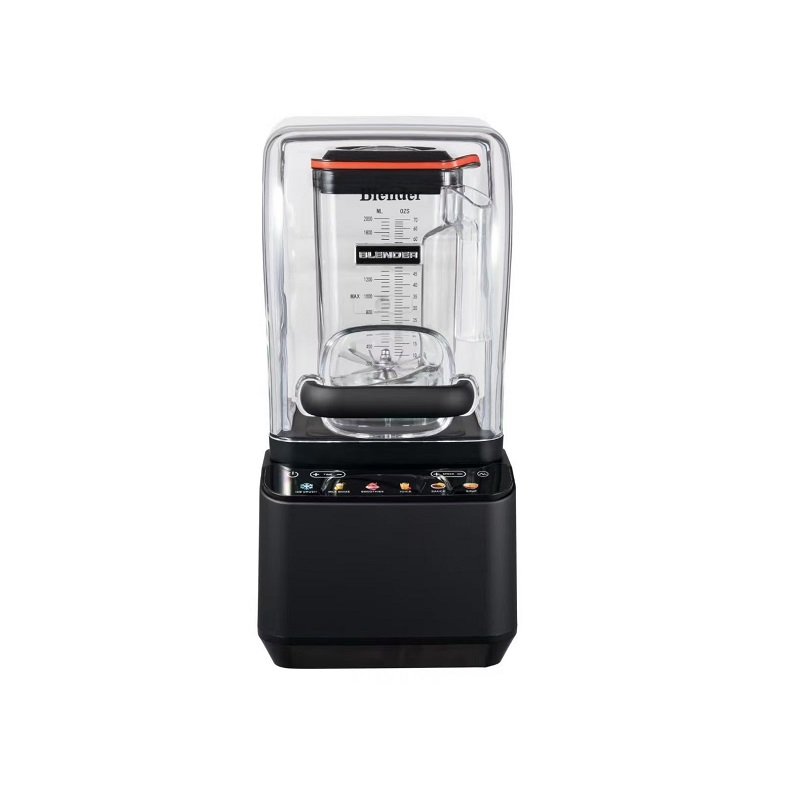 Front view of the AIMA OTJ-G10 quiet commercial blender featuring a sleek black ABS housing, curved sound enclosure, and programmable touch display.