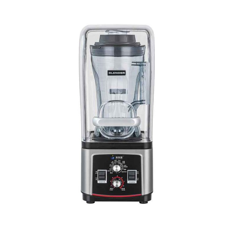 Front view detailing the grey ABS plastic decoration housing and time setting knobs of the AIMA OTJ-G9 commercial blender.