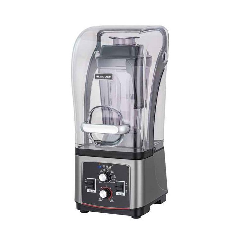 Angled view of the AIMA OTJ-G9 quiet commercial blender showcasing its unique curved soundproof cover and variable speed knobs.