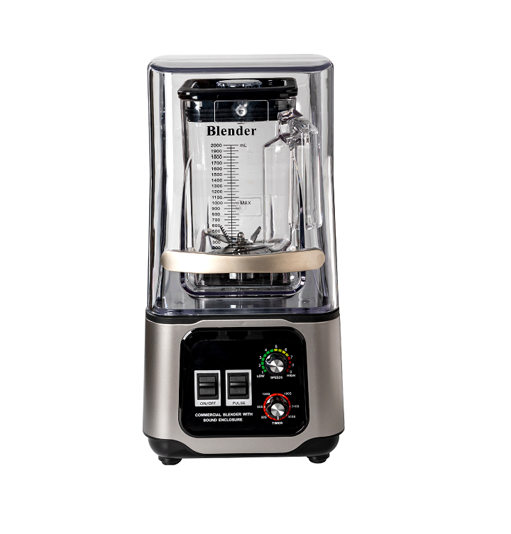 Front view of AIMA OTJ-KC80 quiet commercial blender featuring an integrated sound insulation cover and variable speed knobs.