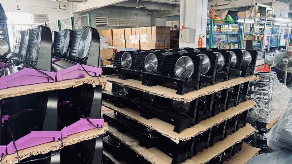 Assembled motor bases on factory racks ready for final QA quality control testing