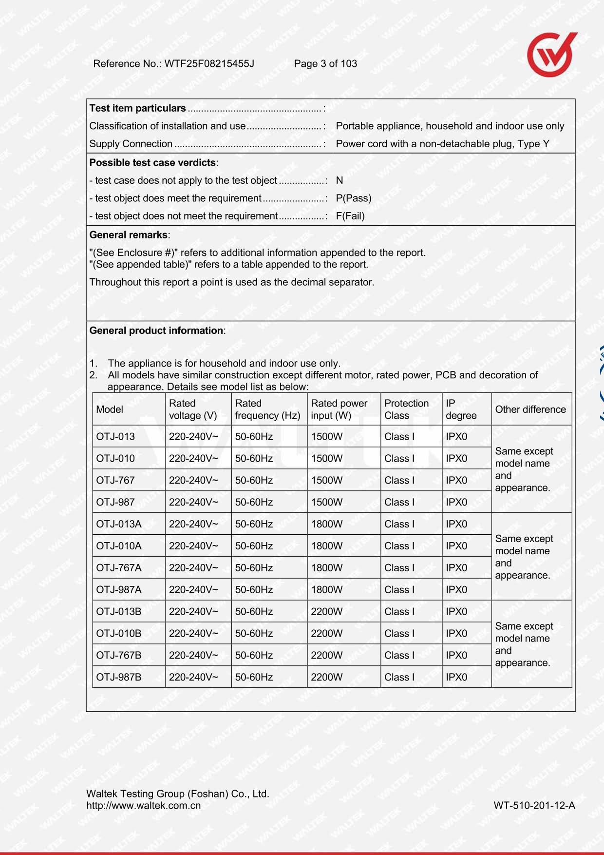 Model list table showing 1500W 1800W 2200W ratings for AIMA OTJ blender series