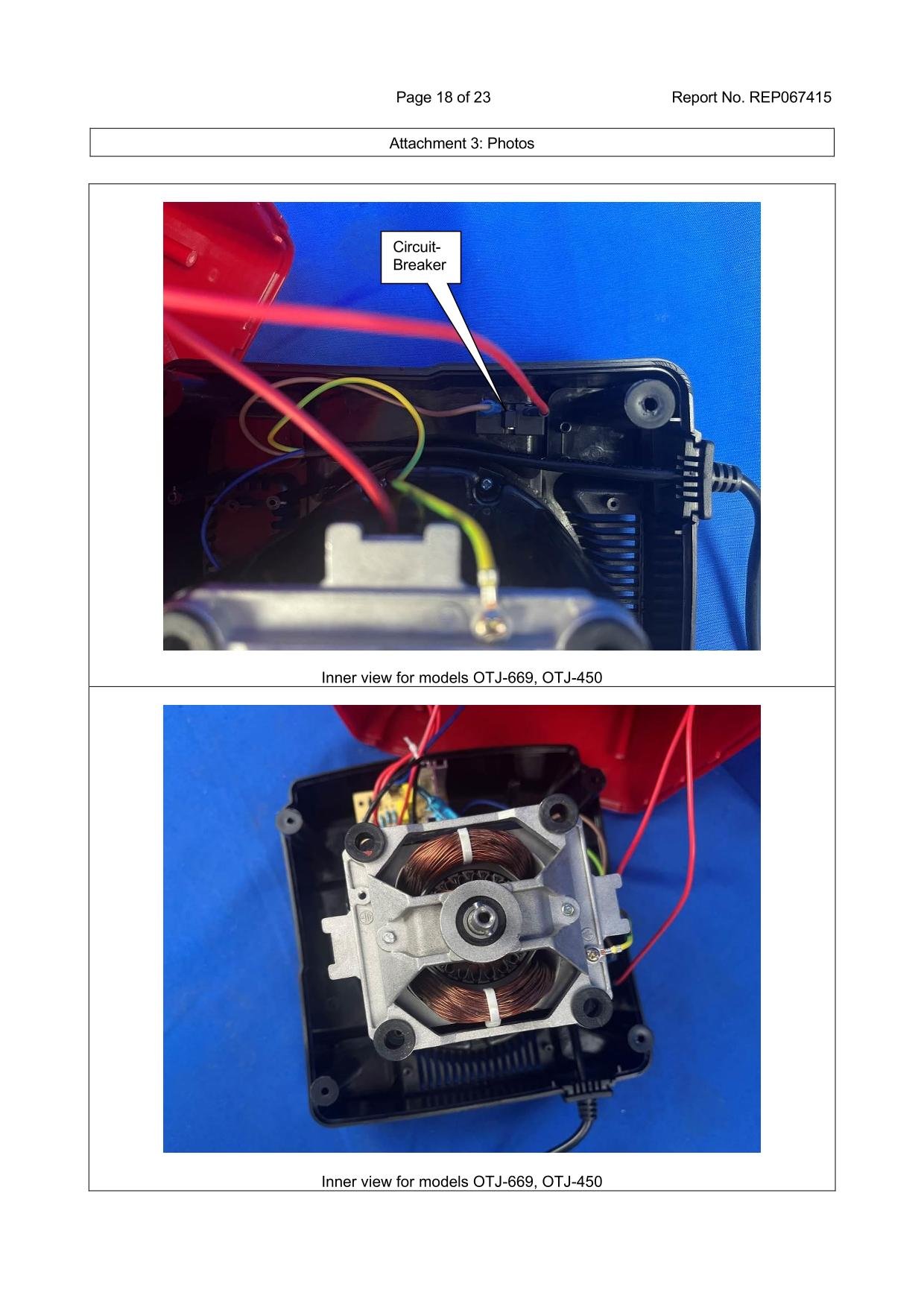 Internal view pointing to circuit breaker wiring for blender thermal protection