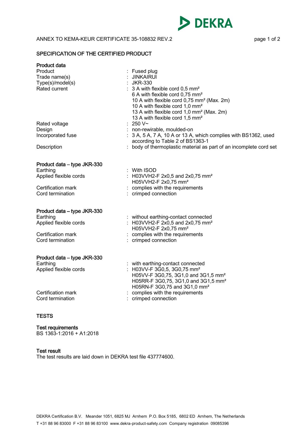 Technical specification annex for JKR-330 250V UK fused plug showing H05VV-F cord specs