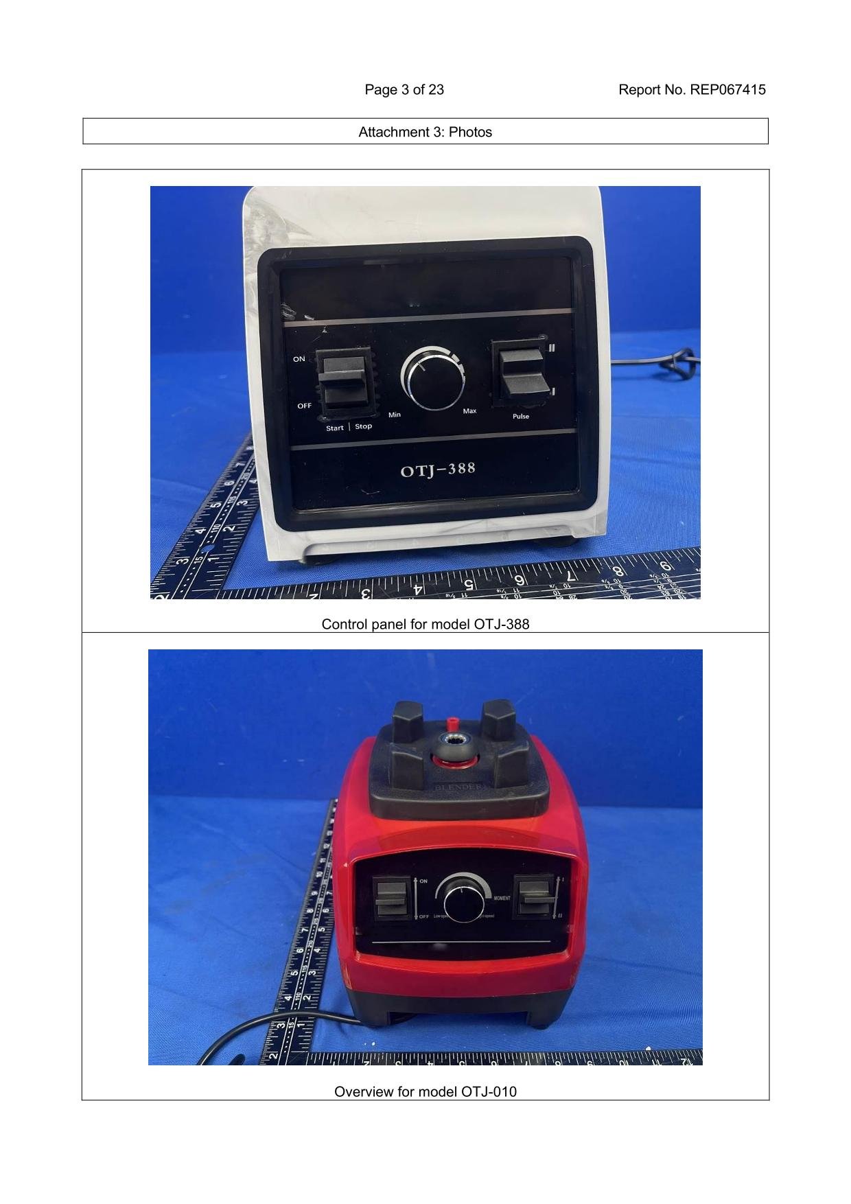 Control panel comparison showing switch and variable speed dial options for OTJ-388 and OTJ-010