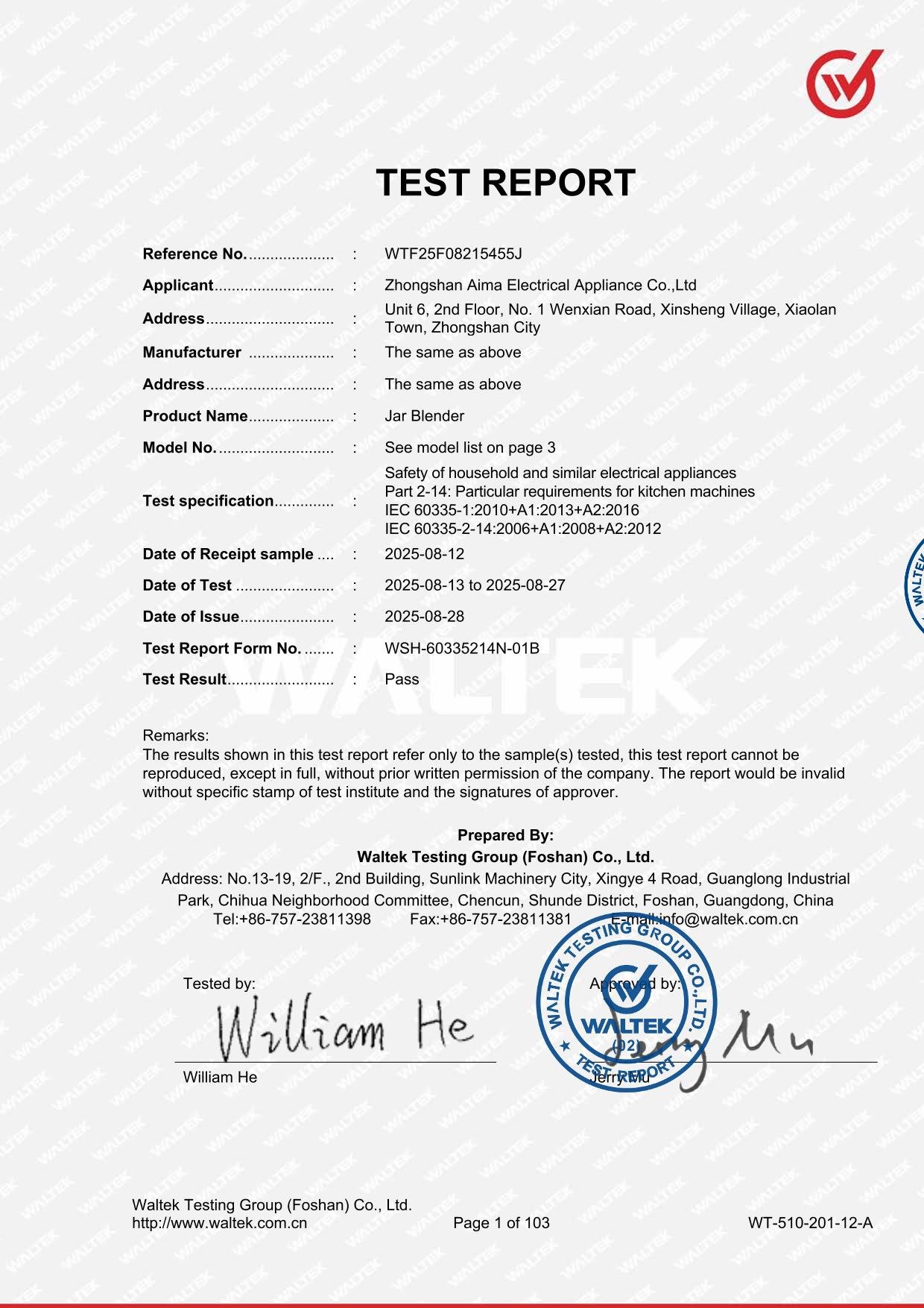 Official Waltek CE LVD Verification of Conformity certificate for AIMA commercial jar blenders
