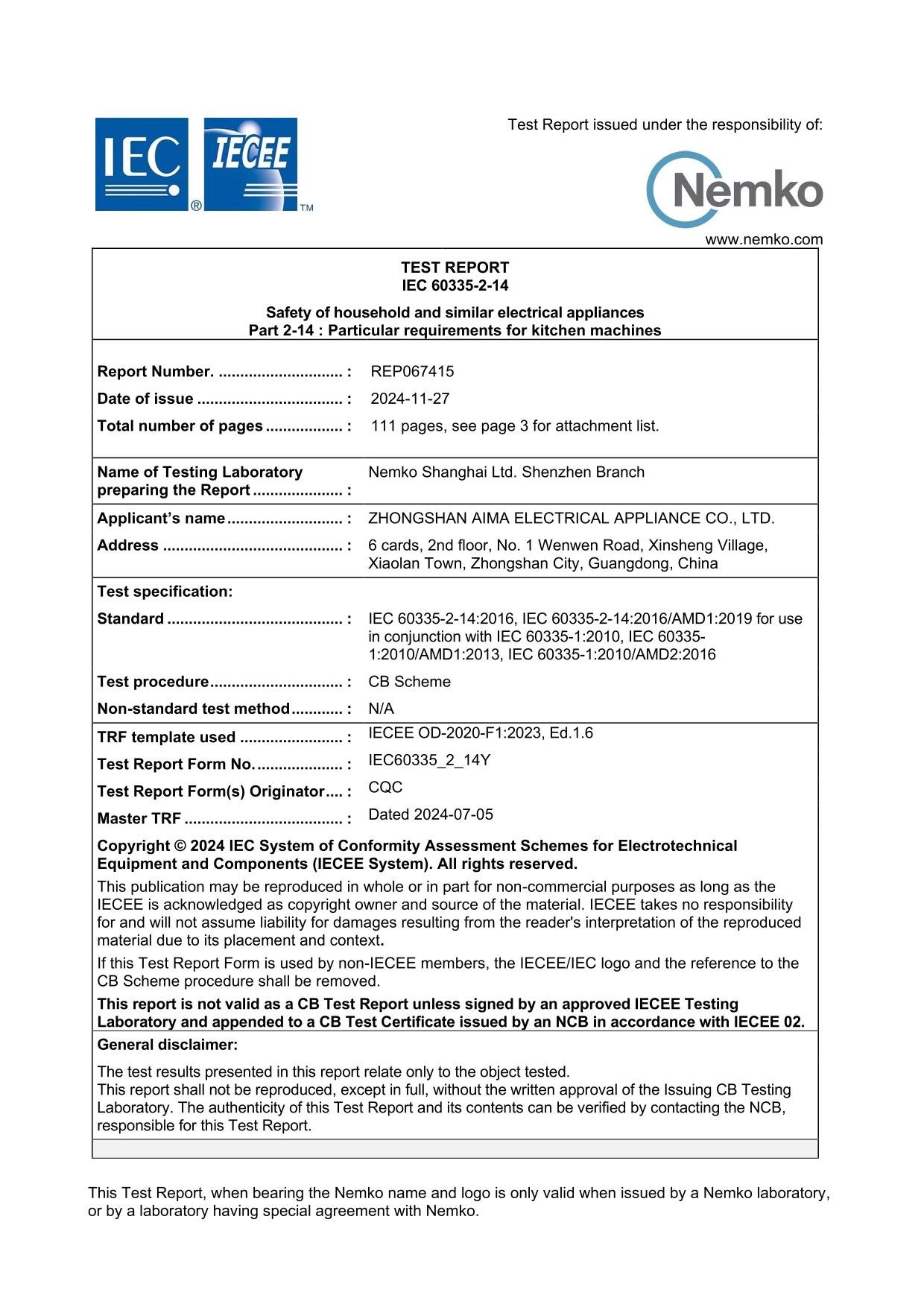 Official Nemko IEC 60335-2-14 CB Scheme test report cover for kitchen machines
