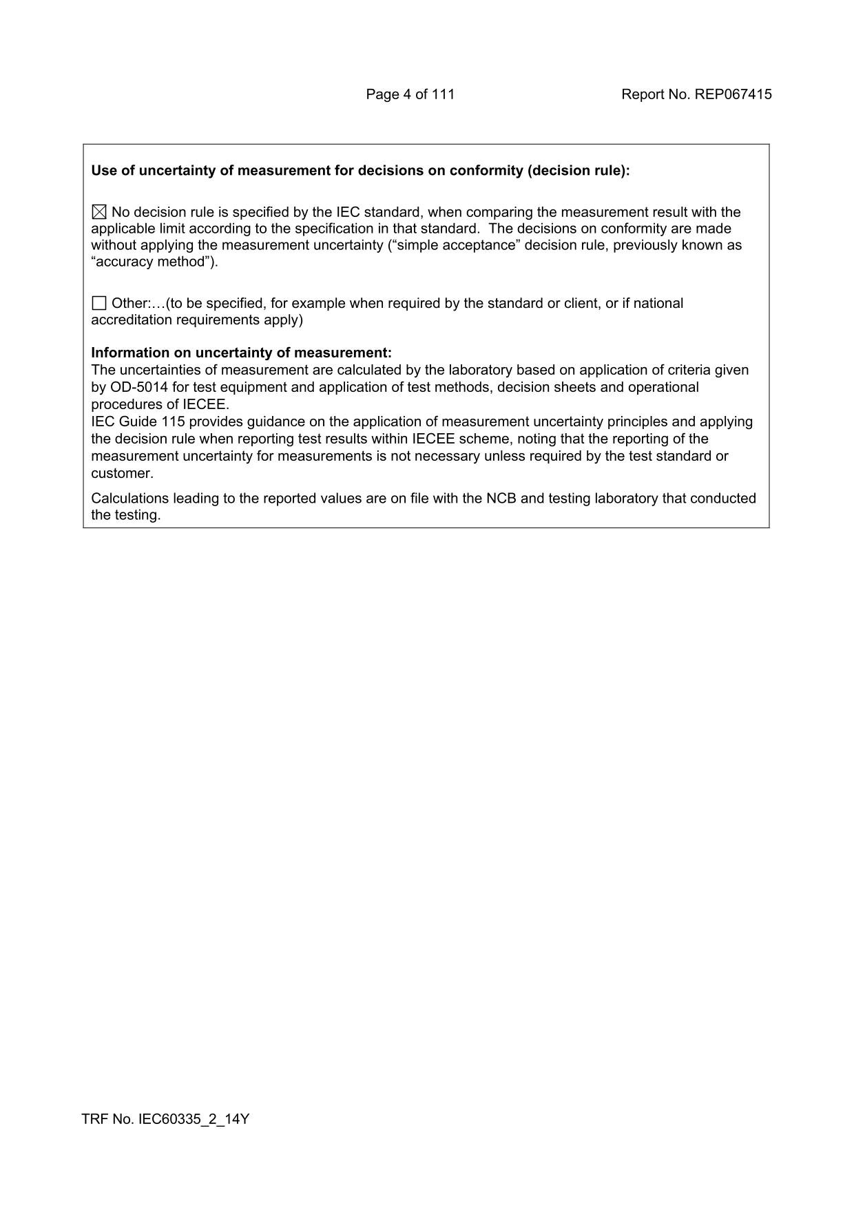 IECEE measurement uncertainty and decision rules document for kitchen appliance safety testing