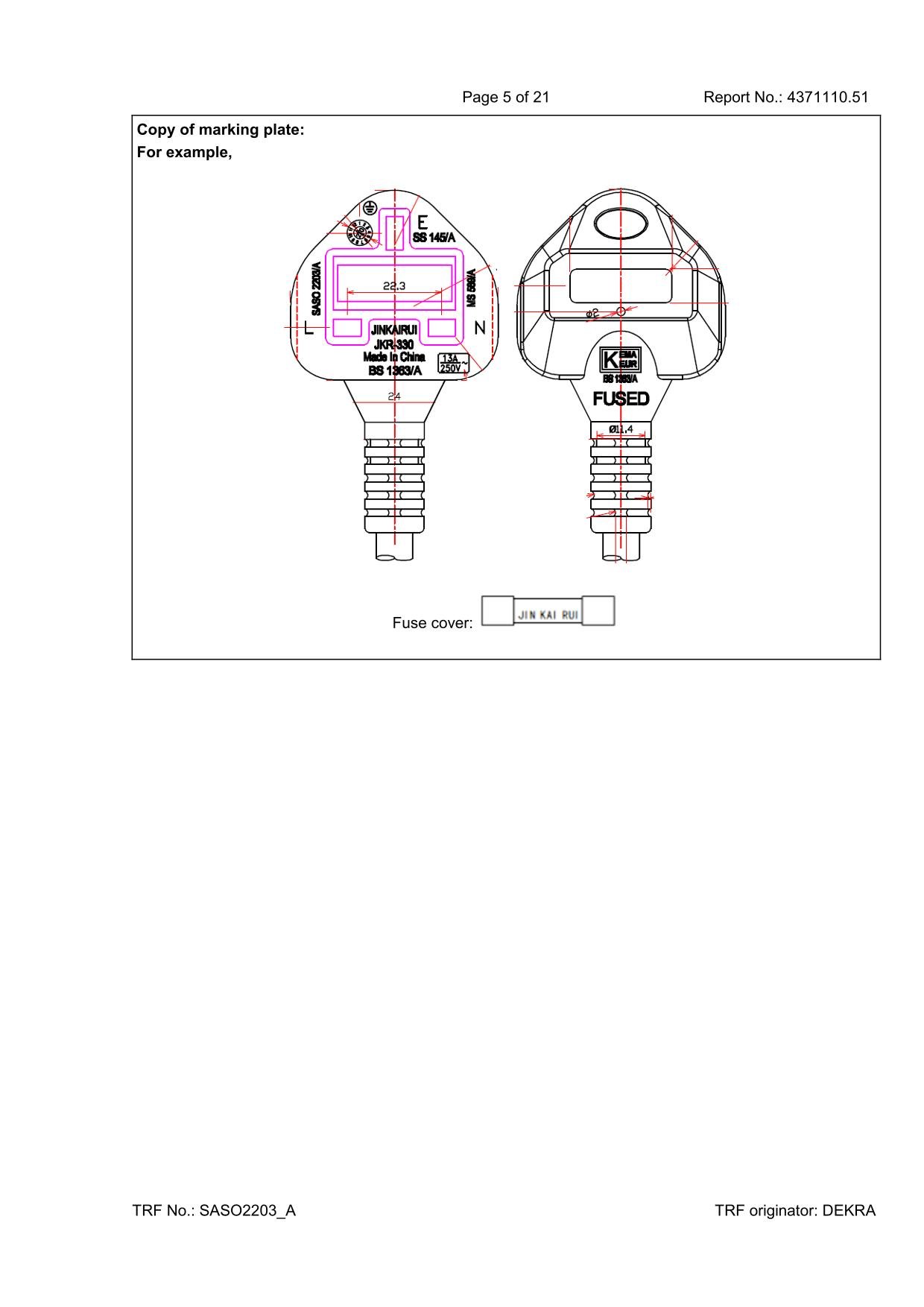 JKR-330 13A Fused Plug Mechanical Dimension Engineering Drawing