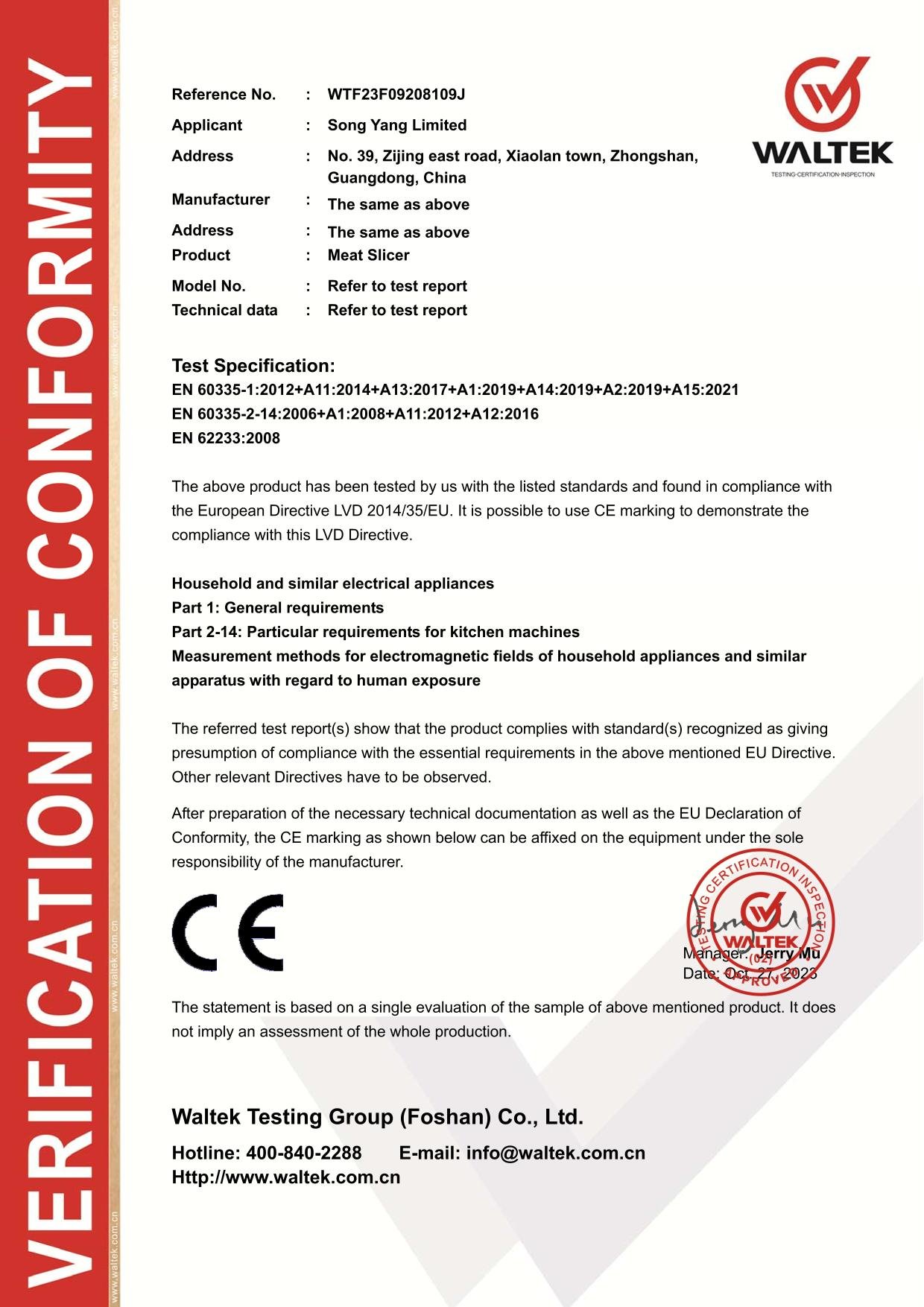 Official Waltek CE LVD Verification of Conformity certificate for electric meat slicer