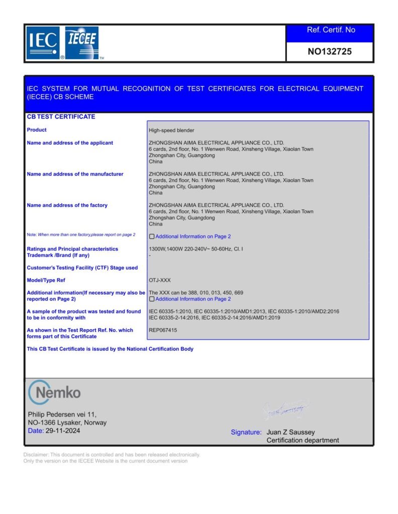 Official Nemko IECEE CB Test Certificate NO132725 for AIMA high-speed blender series OTJ-XXX