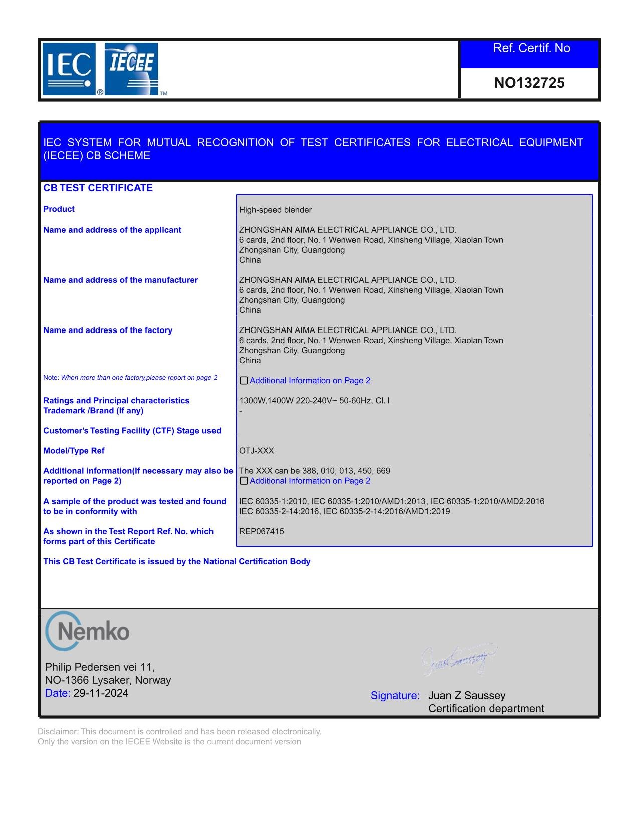 Official Nemko IECEE CB Test Certificate NO132725 for AIMA high-speed blenders
