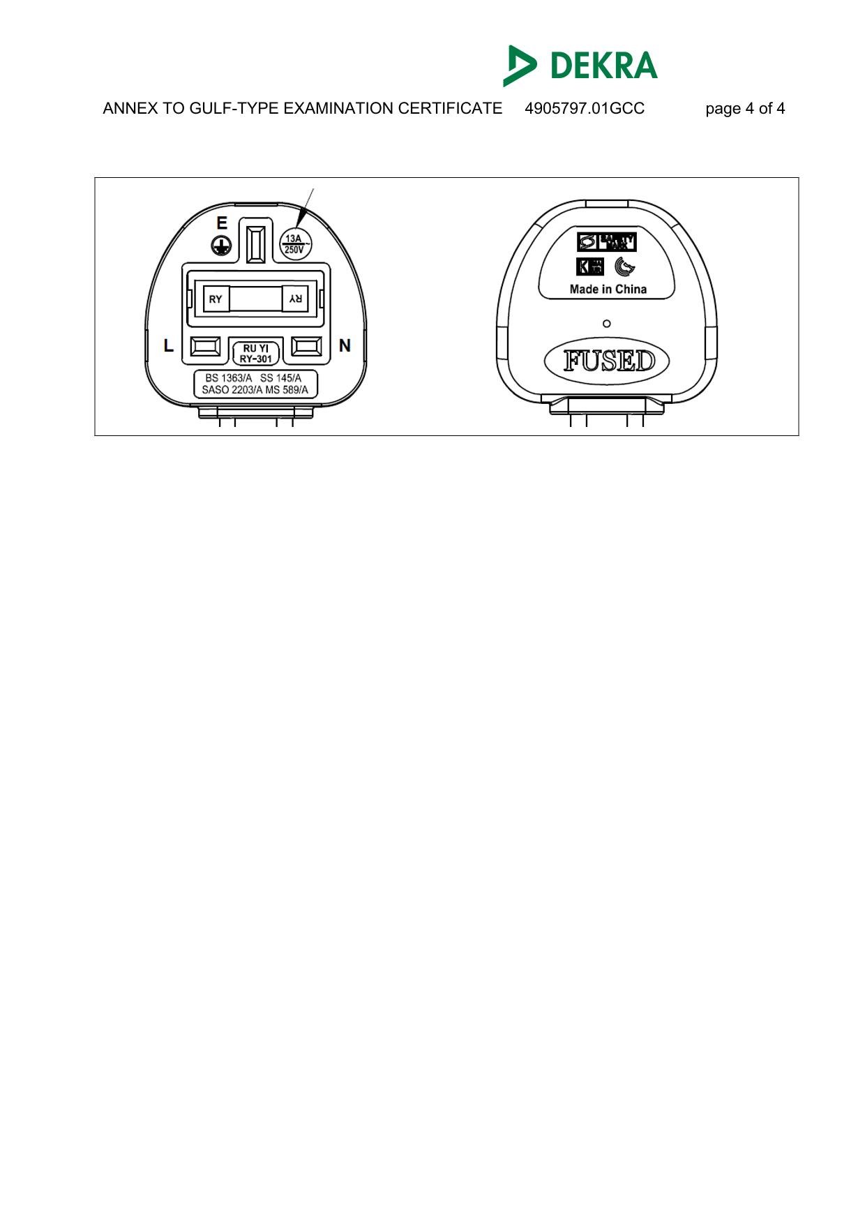 Product marking diagram showing BS 1363 and SASO 2203 labels for RY-301 plug