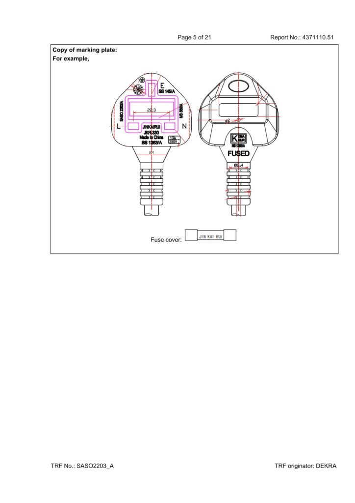 Copy of marking plate drawing for JKR-330 13A 250V fused plug showing BS 1363 and SASO compliance