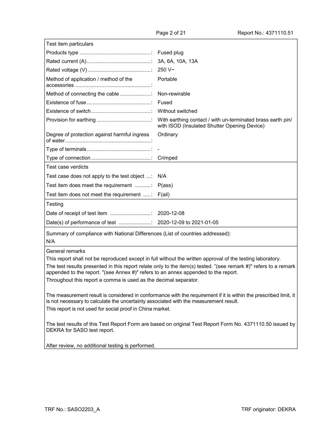 SASO 2203 Plug Test Report General Information Sheet