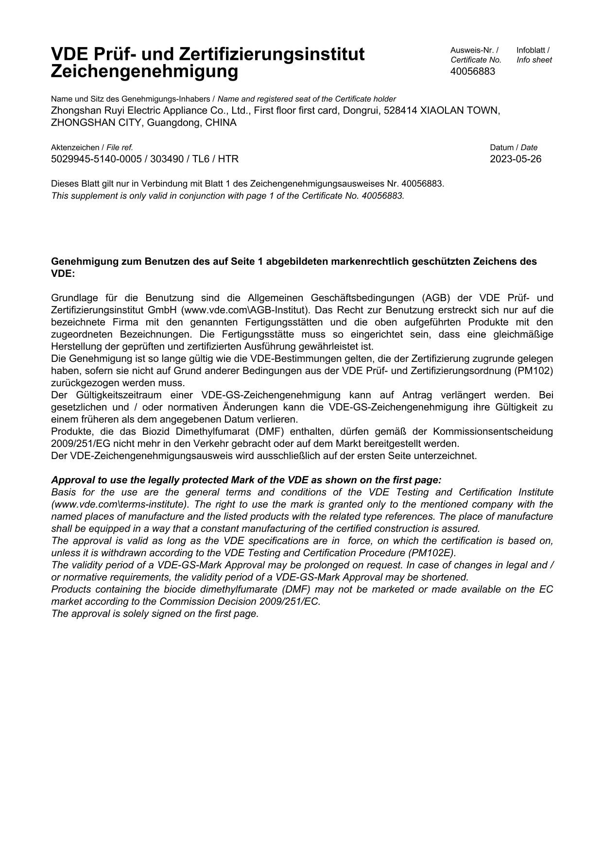 VDE Marks Approval information sheet detailing compliance terms and regulations
