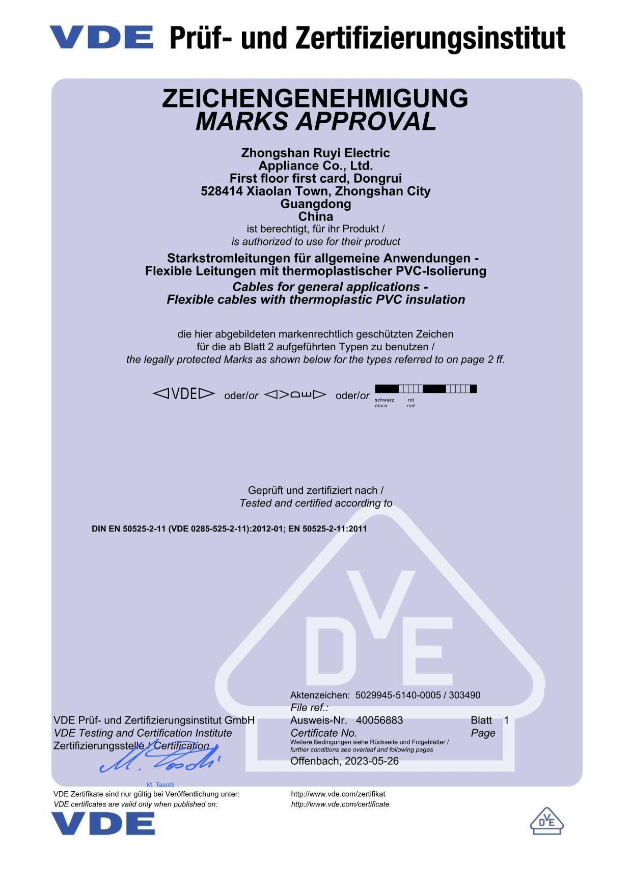 Official VDE Marks Approval Certificate No. 40056883 for PVC insulated flexible cables